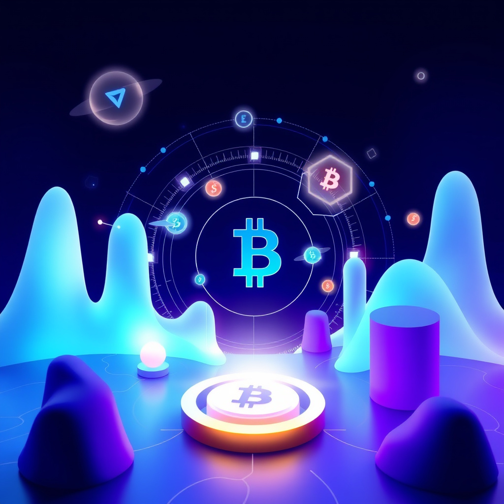 Digital cryptocurrency ecosystem visualization, blue and purple gradients, modern abstract art, g... (generated by AI)