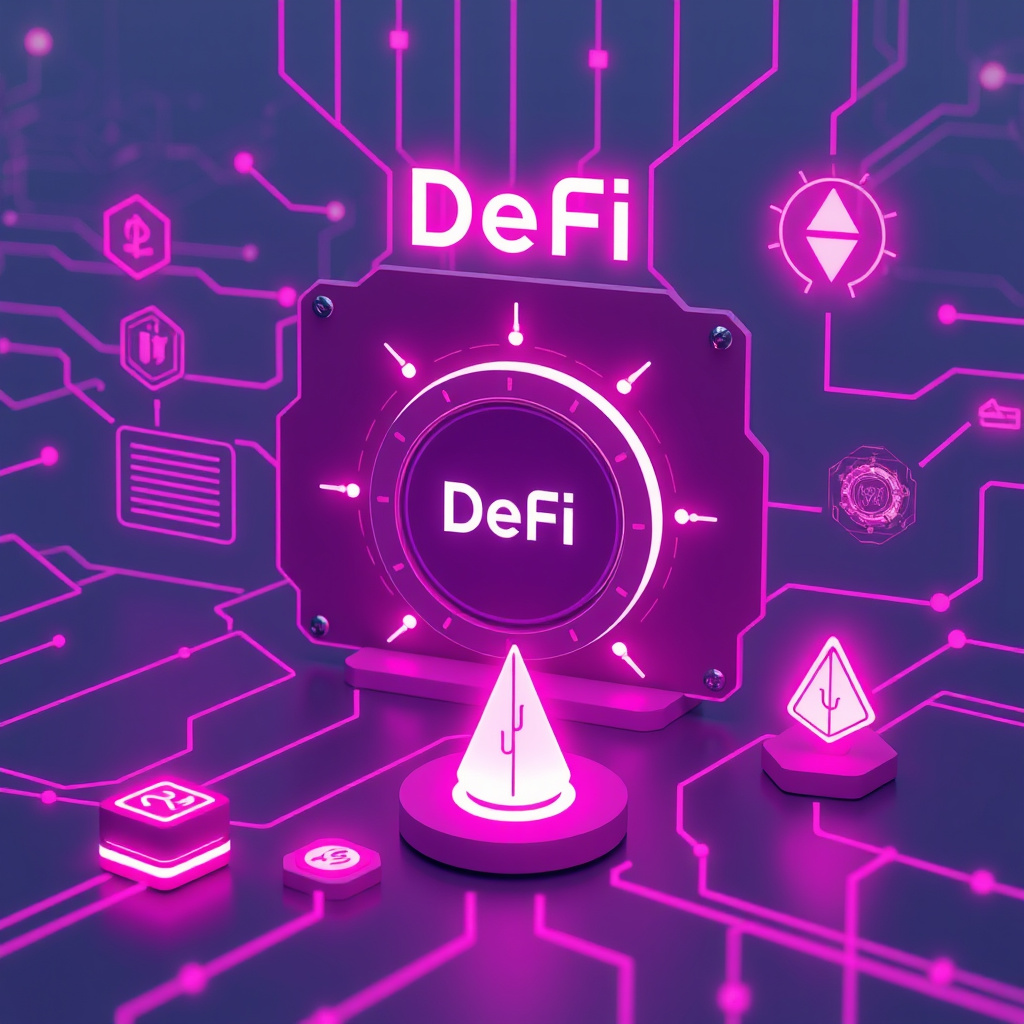 DeFi protocol visualization, pink and purple hues, digital vaults and yield symbols, glowing elem... (generated by AI)