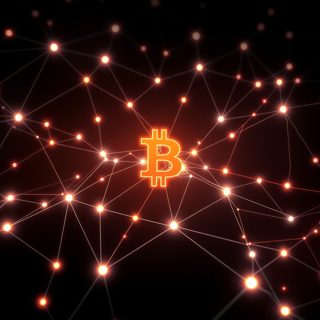 Blockchain network visualization, glowing gradients, glowing digital connections, dark background... (generated by AI)
