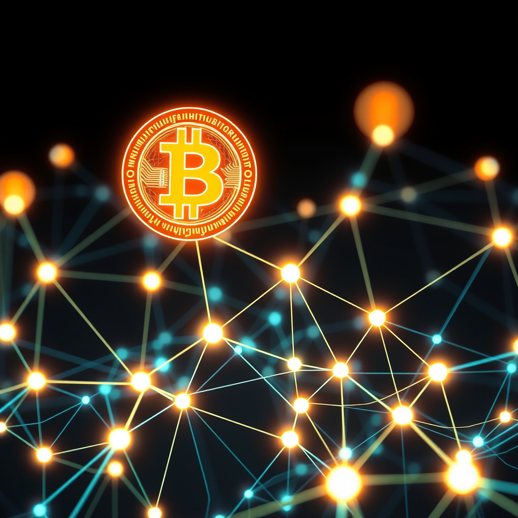 Blockchain network visualization, cyberpunk aesthetic, glowing digital connections, dark backgrou... (generated by AI)