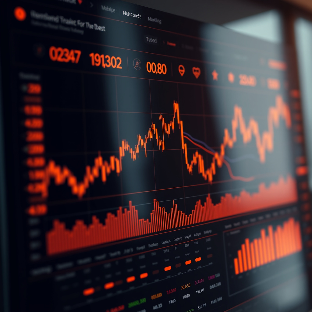 Digital trading dashboard visualization, amber and copper tones, glowing charts and graphs, moder... (generated by AI)