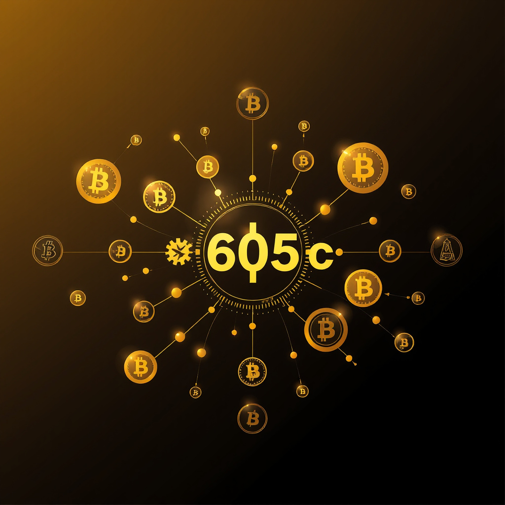 Digital cryptocurrency ecosystem visualization, gold and black theme, modern abstract art, glowin... (generated by AI)