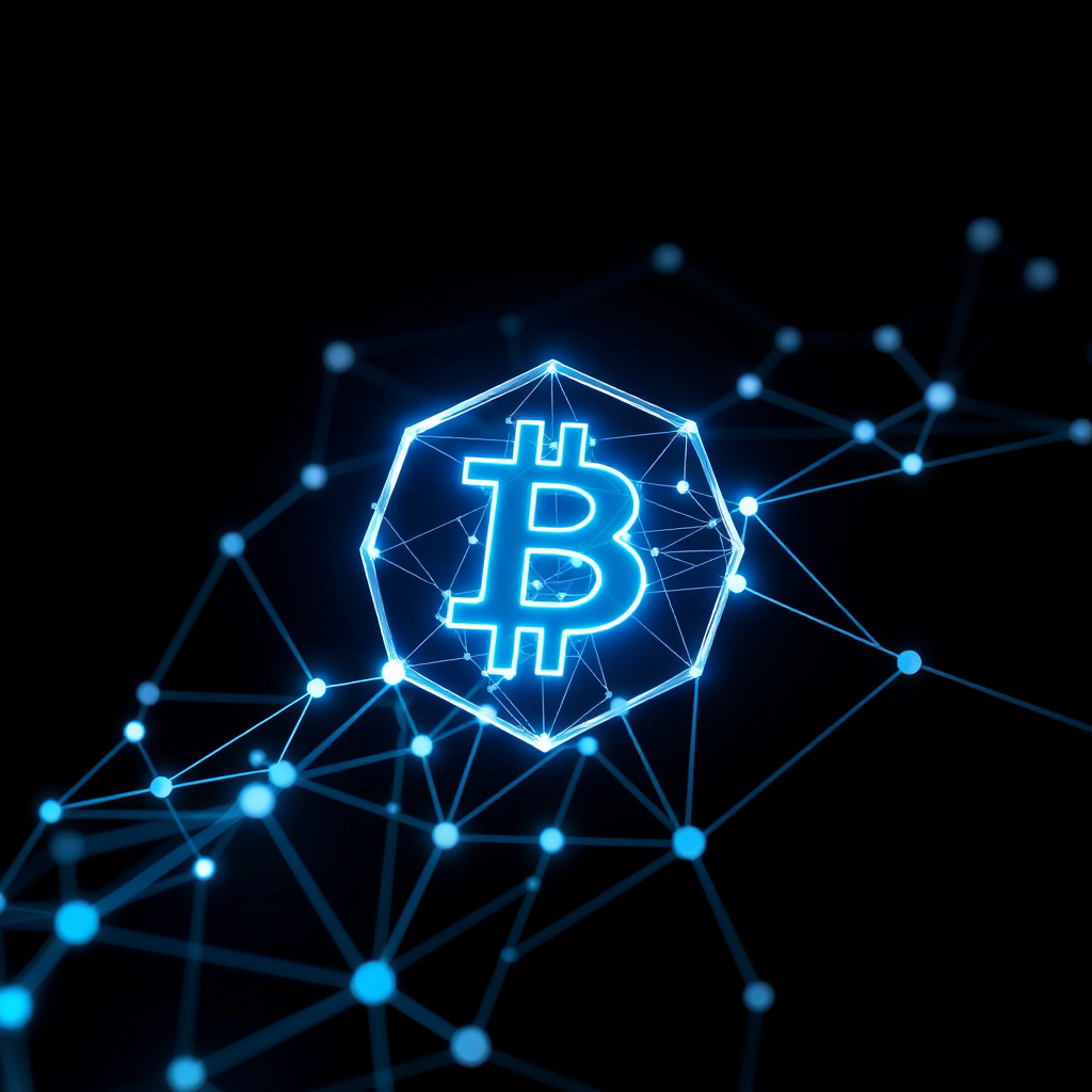 Blockchain network visualization, glass morphism style, glowing digital connections, dark backgro... (generated by AI)