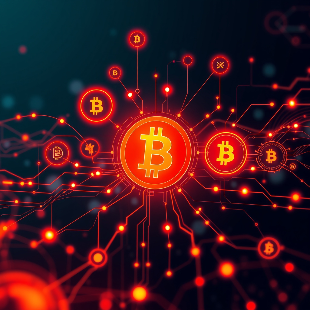 Digital cryptocurrency ecosystem visualization, orange and red highlights, modern abstract art, g... (generated by AI)