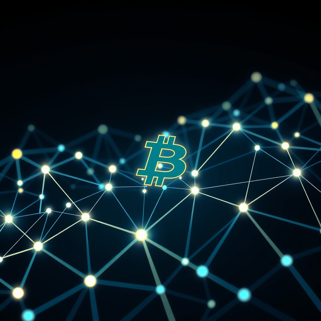 Blockchain network visualization, abstract geometric forms, glowing digital connections, dark bac... (generated by AI)