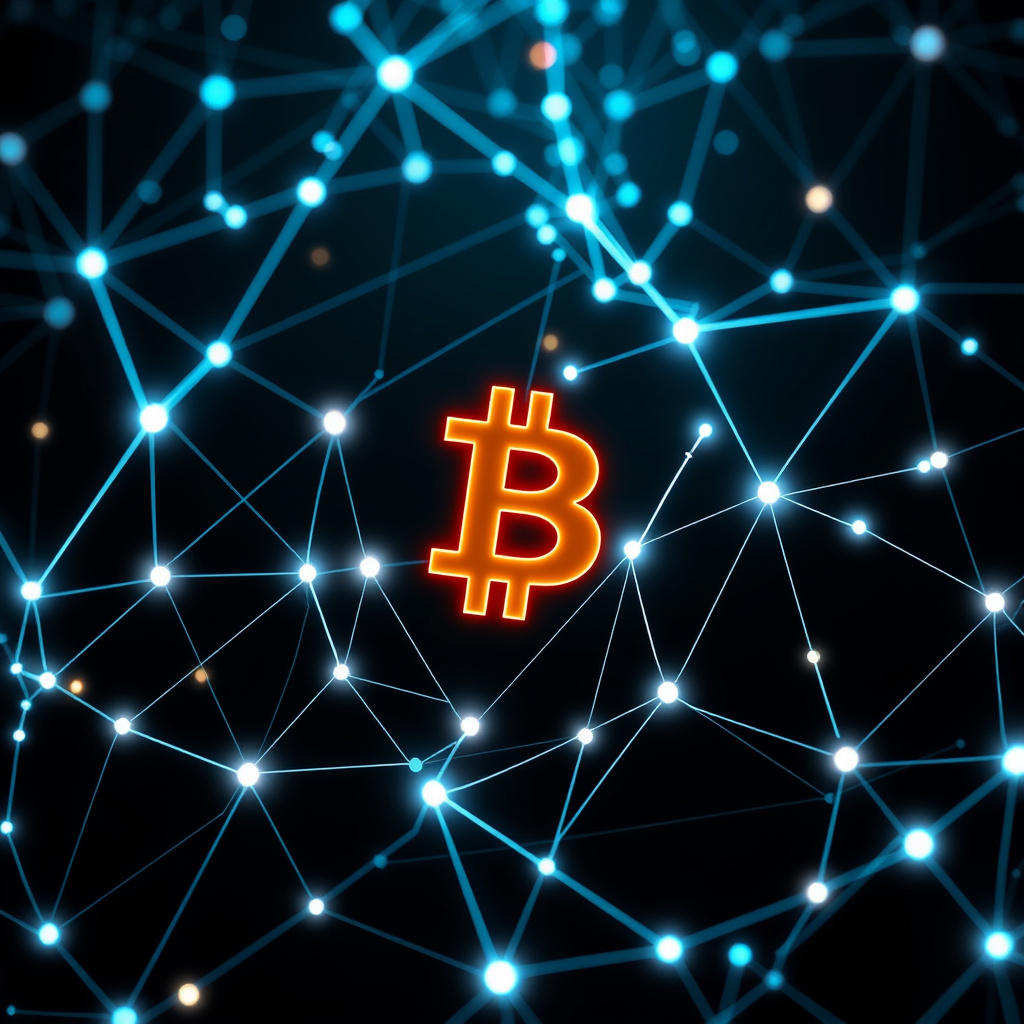 Blockchain network visualization, glass morphism style, glowing digital connections, dark backgro... (generated by AI)