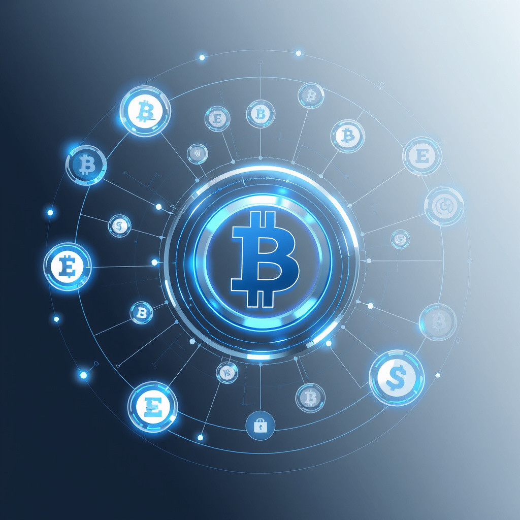 Digital cryptocurrency ecosystem visualization, silver and blue accents, modern abstract art, glo... (generated by AI)