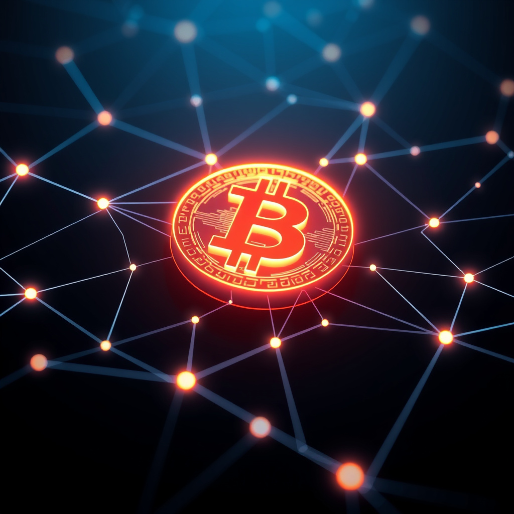 Blockchain network visualization, glowing gradients, glowing digital connections, dark background... (generated by AI)