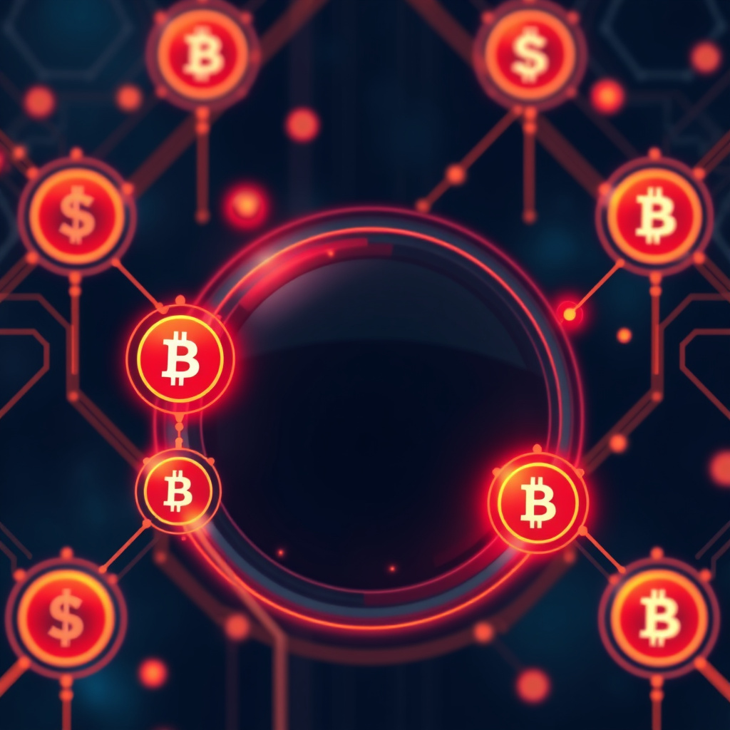 Digital cryptocurrency ecosystem visualization, orange and red highlights, modern abstract art, g... (generated by AI)