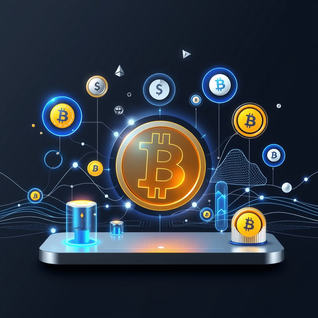 Digital cryptocurrency ecosystem visualization, silver and blue accents, modern abstract art, glo... (generated by AI)