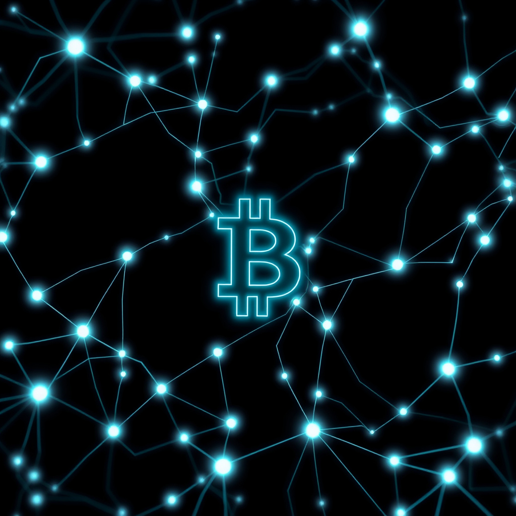 Blockchain network visualization, fluid dynamics, glowing digital connections, dark background, f... (generated by AI)