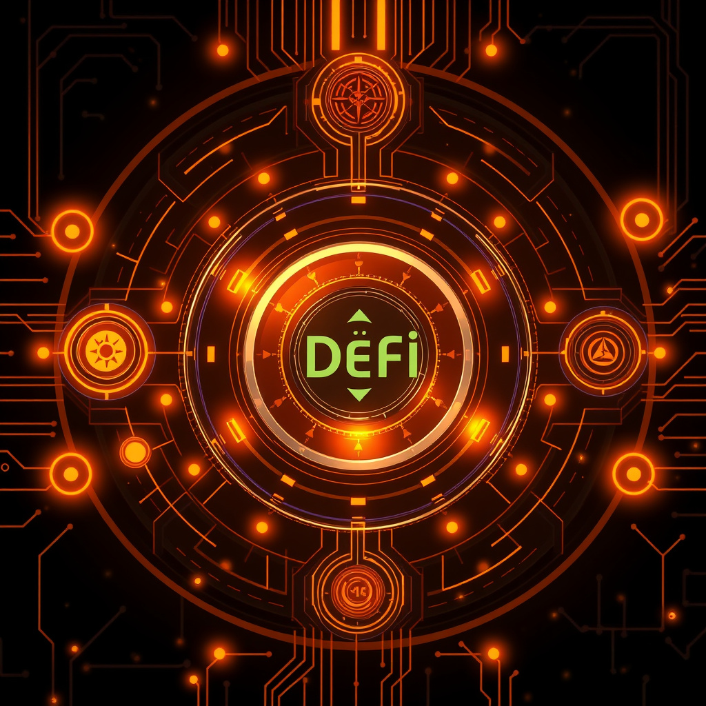 DeFi protocol visualization, amber and copper tones, digital vaults and yield symbols, glowing el... (generated by AI)