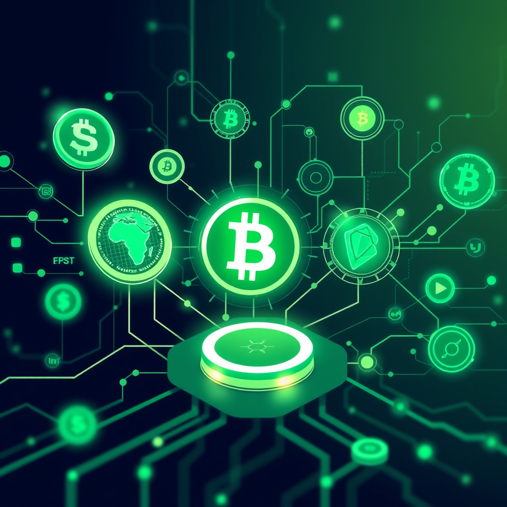 Digital cryptocurrency ecosystem visualization, green and cyan tones, modern abstract art, glowin... (generated by AI)