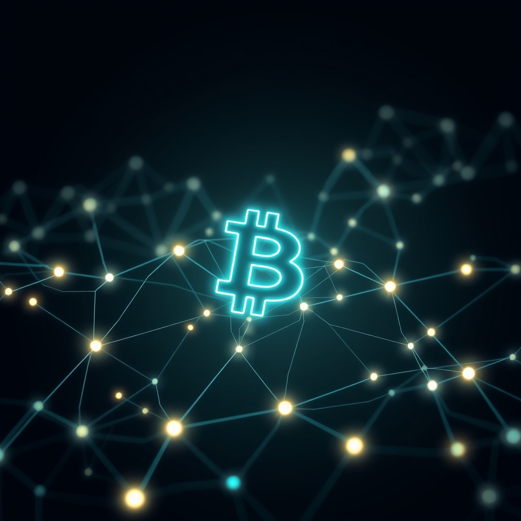 Blockchain network visualization, fluid dynamics, glowing digital connections, dark background, f... (generated by AI)