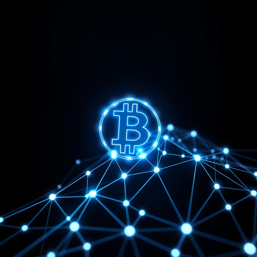 Blockchain network visualization, holographic effects, glowing digital connections, dark backgrou... (generated by AI)