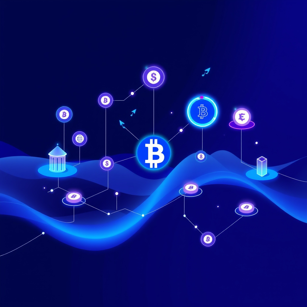 Digital cryptocurrency ecosystem visualization, blue and purple gradients, modern abstract art, g... (generated by AI)