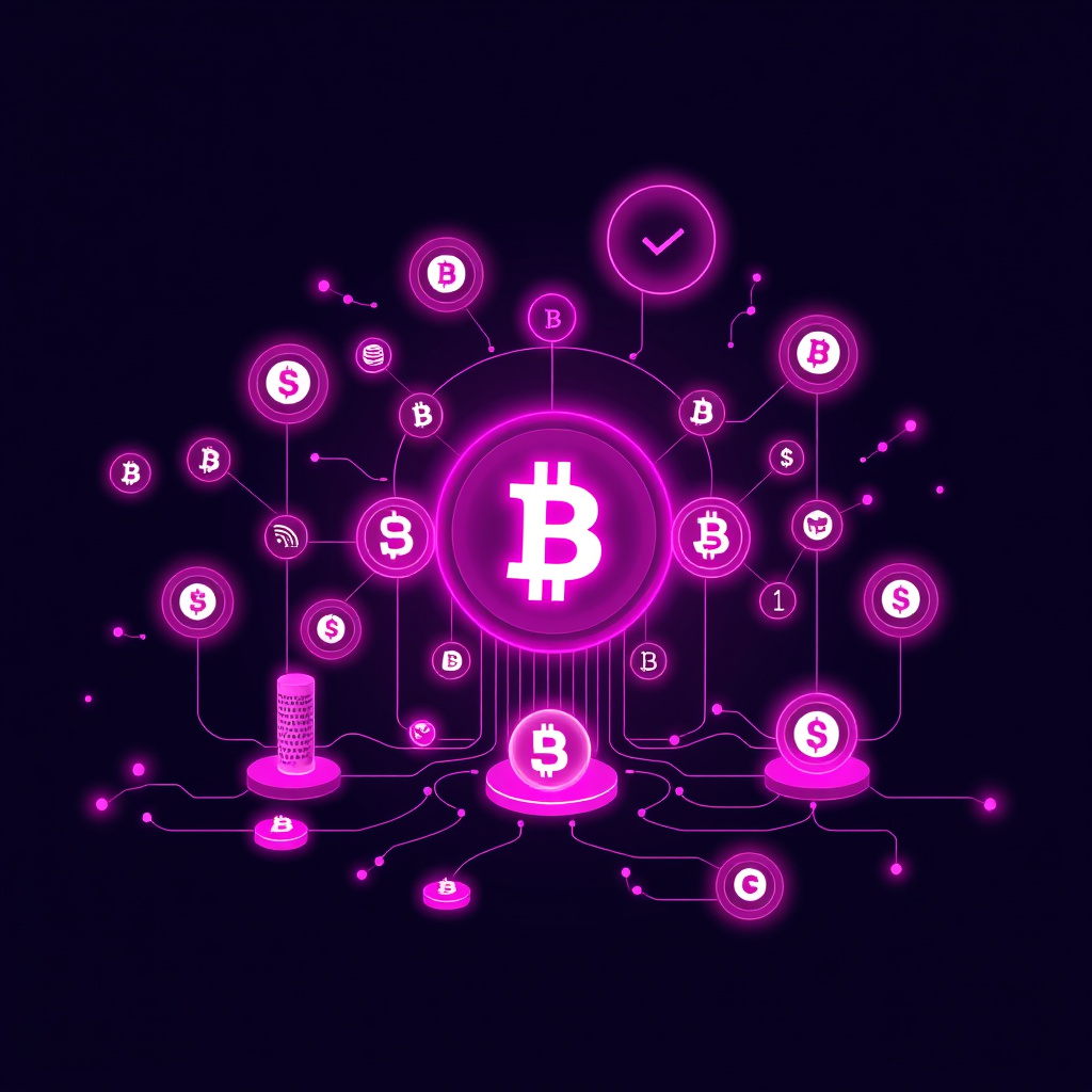Digital cryptocurrency ecosystem visualization, pink and purple hues, modern abstract art, glowin... (generated by AI)