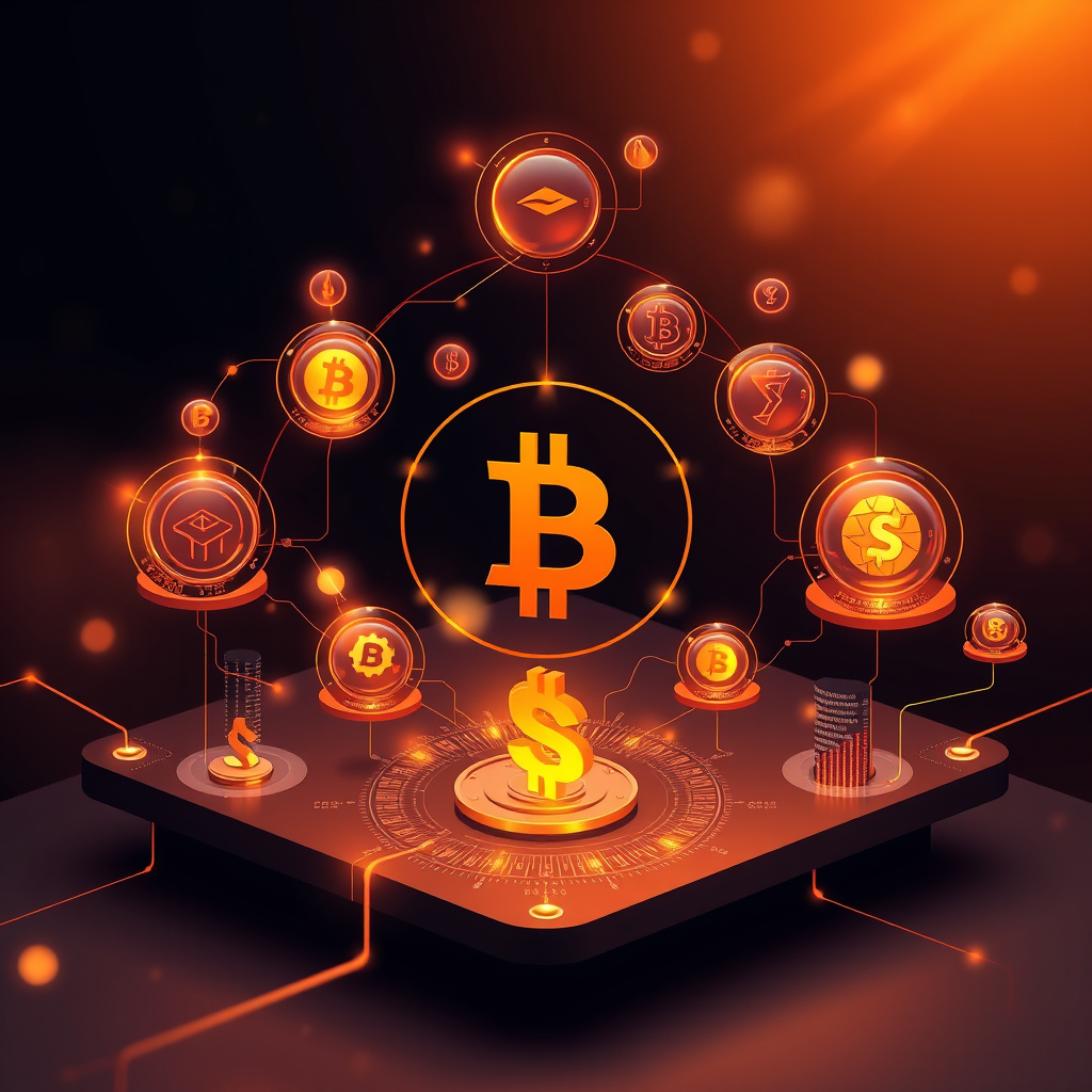 Digital cryptocurrency ecosystem visualization, amber and copper tones, modern abstract art, glow... (generated by AI)