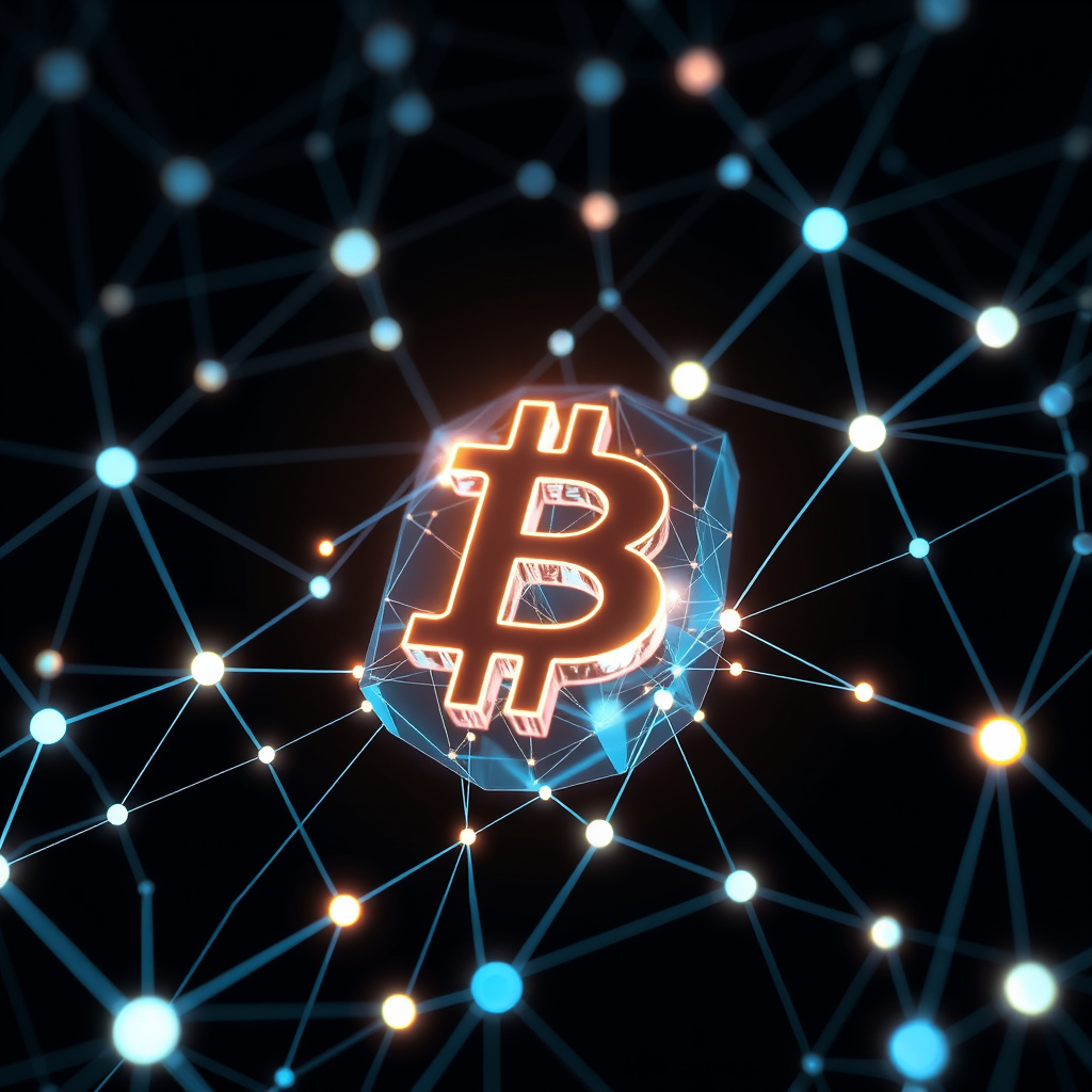 Blockchain network visualization, glass morphism style, glowing digital connections, dark backgro... (generated by AI)