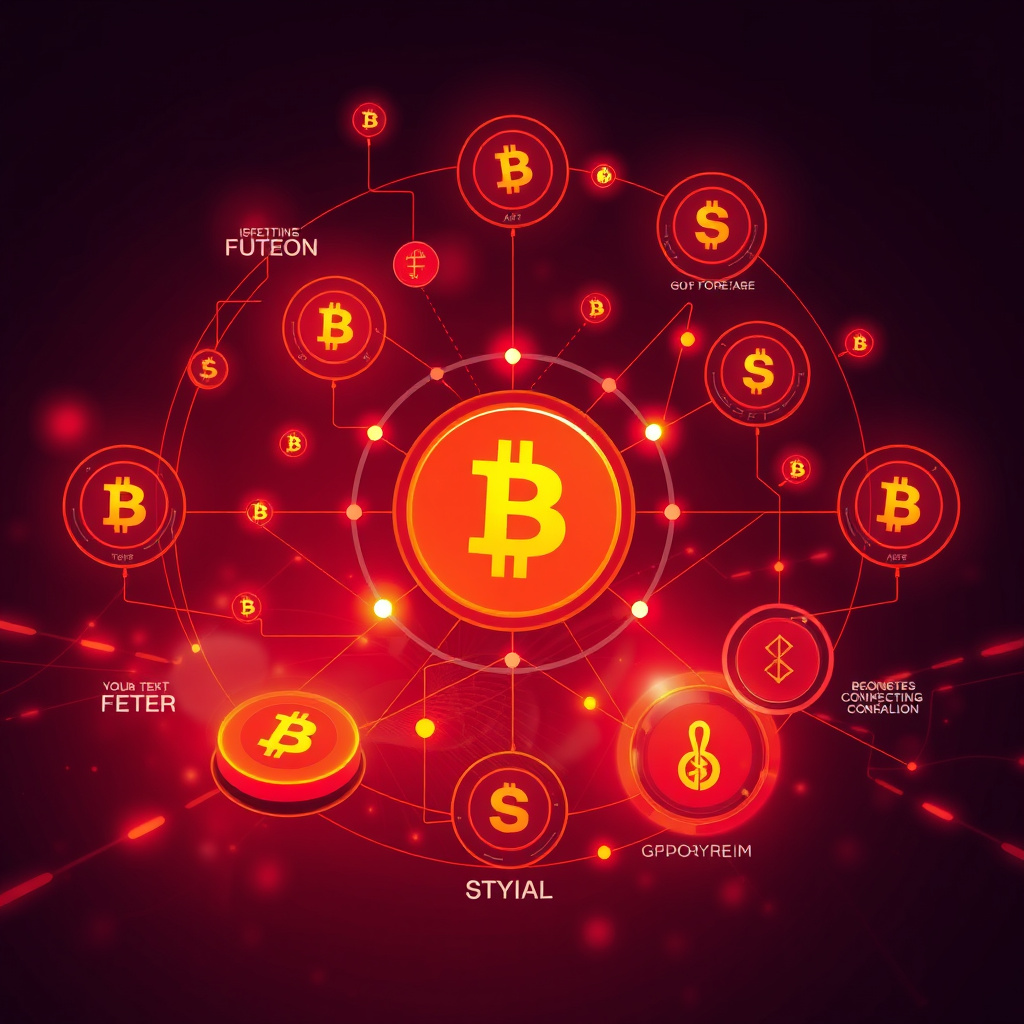 Digital cryptocurrency ecosystem visualization, orange and red highlights, modern abstract art, g... (generated by AI)