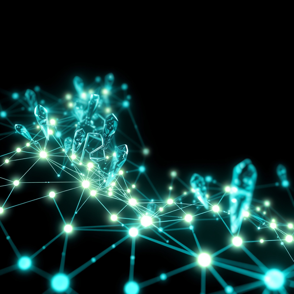 Blockchain network visualization, crystalline structures, glowing digital connections, dark backg... (generated by AI)