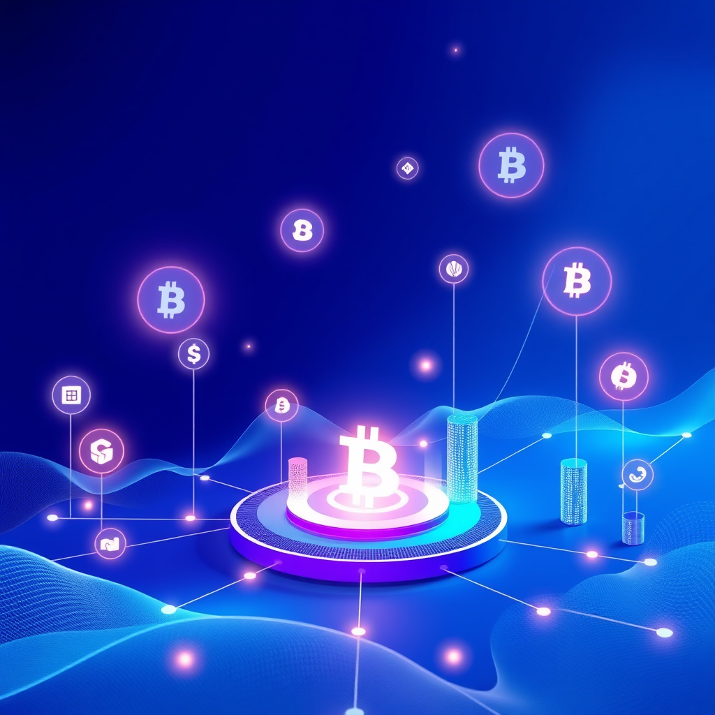 Digital cryptocurrency ecosystem visualization, blue and purple gradients, modern abstract art, g... (generated by AI)