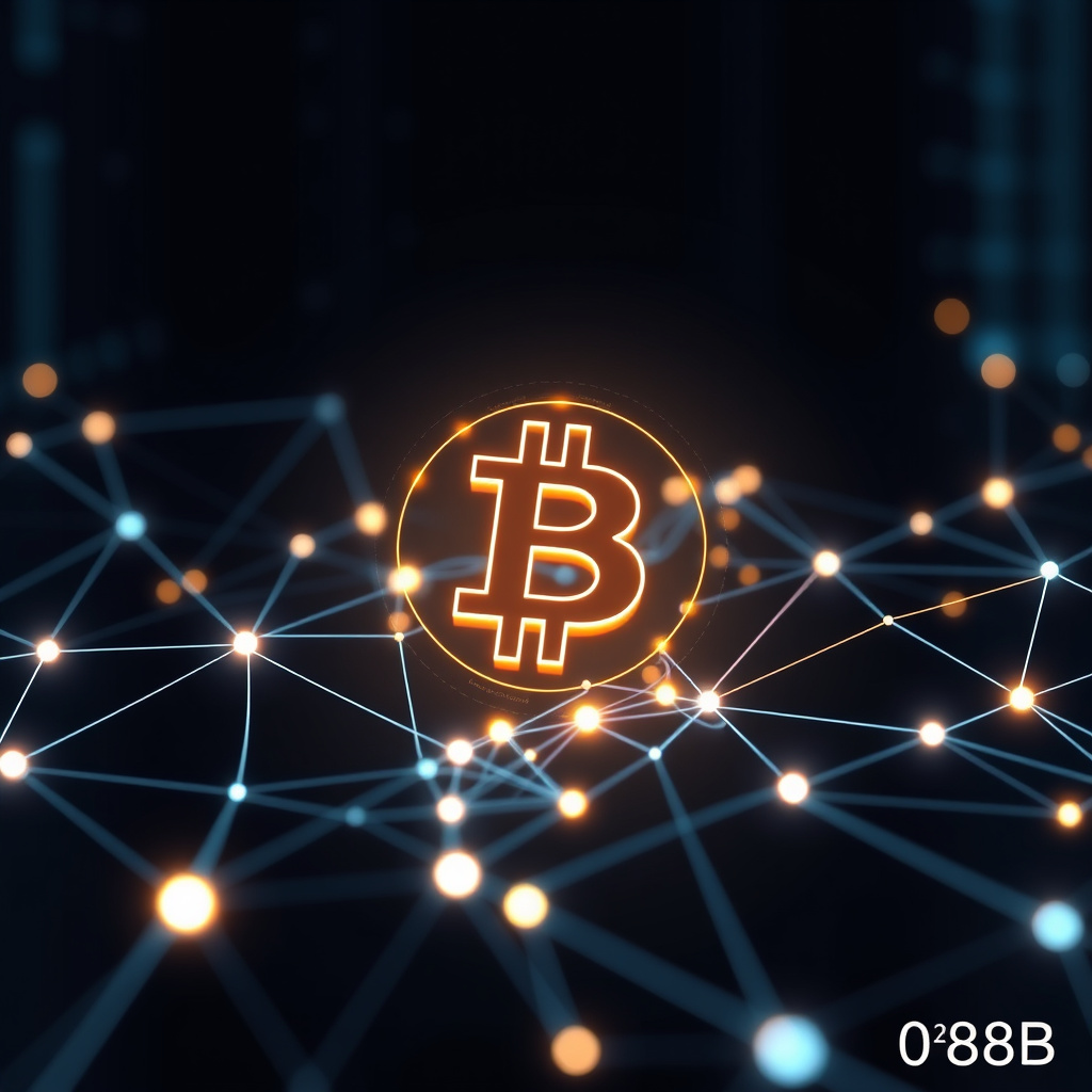 Blockchain network visualization, holographic effects, glowing digital connections, dark backgrou... (generated by AI)