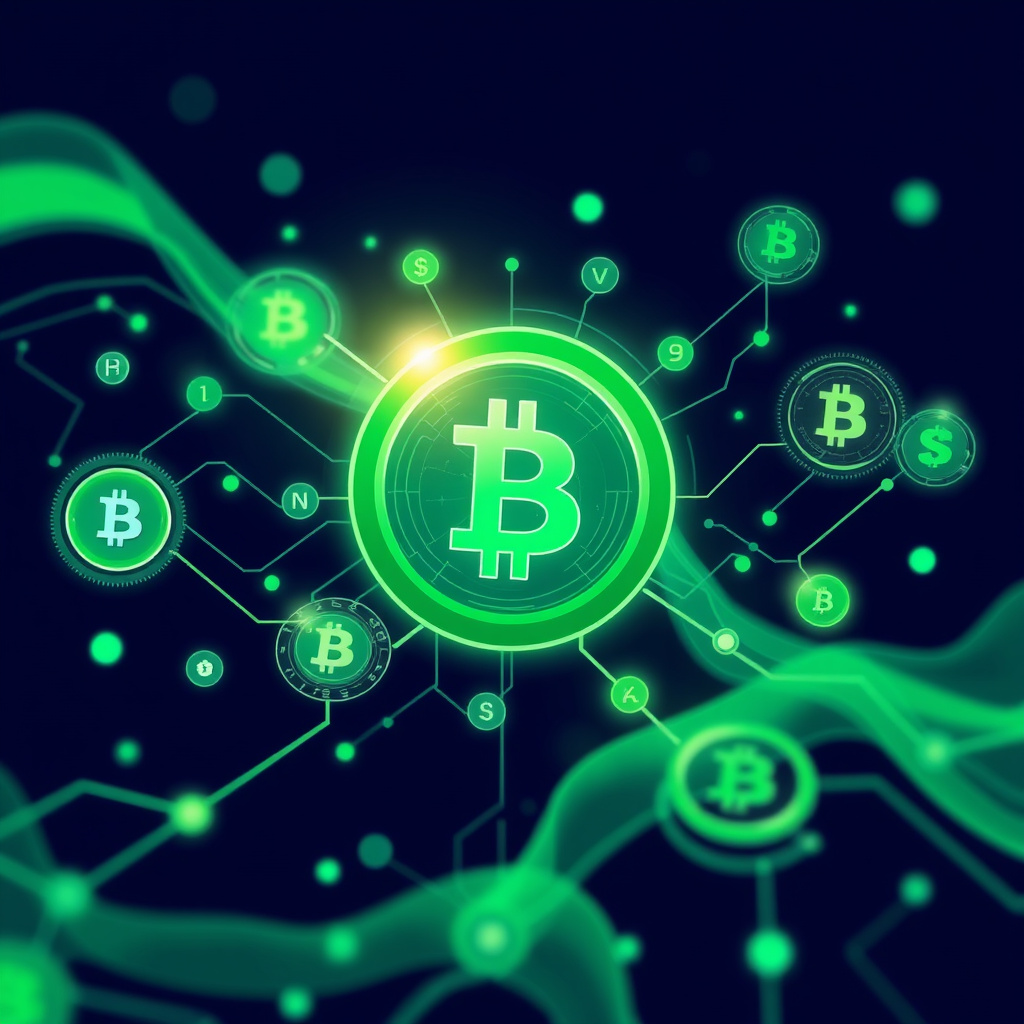 Digital cryptocurrency ecosystem visualization, green and cyan tones, modern abstract art, glowin... (generated by AI)
