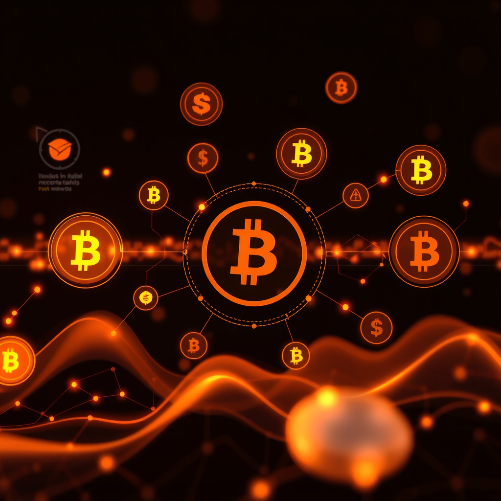 Digital cryptocurrency ecosystem visualization, amber and copper tones, modern abstract art, glow... (generated by AI)