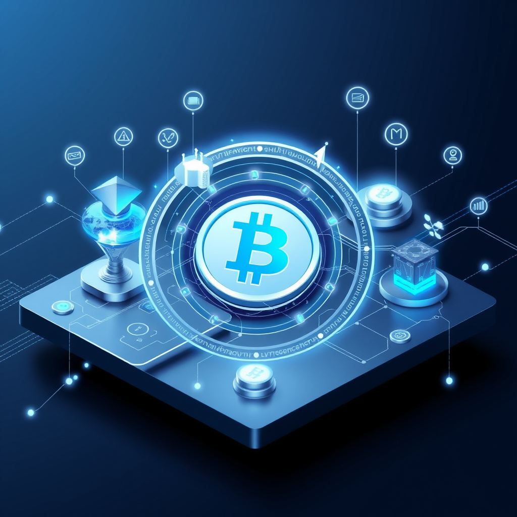 Digital cryptocurrency ecosystem visualization, silver and blue accents, modern abstract art, glo... (generated by AI)