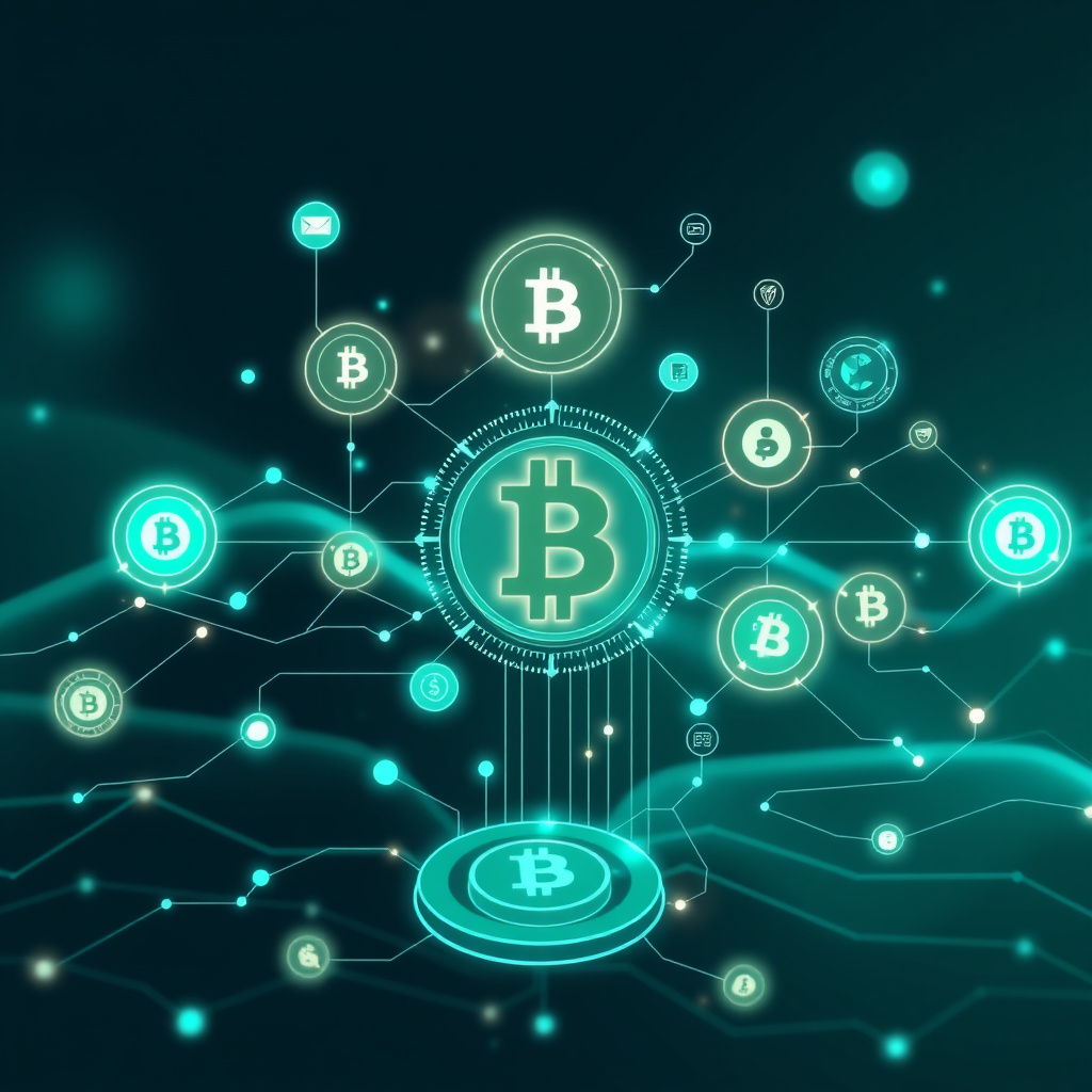 Digital cryptocurrency ecosystem visualization, teal and mint colors, modern abstract art, glowin... (generated by AI)