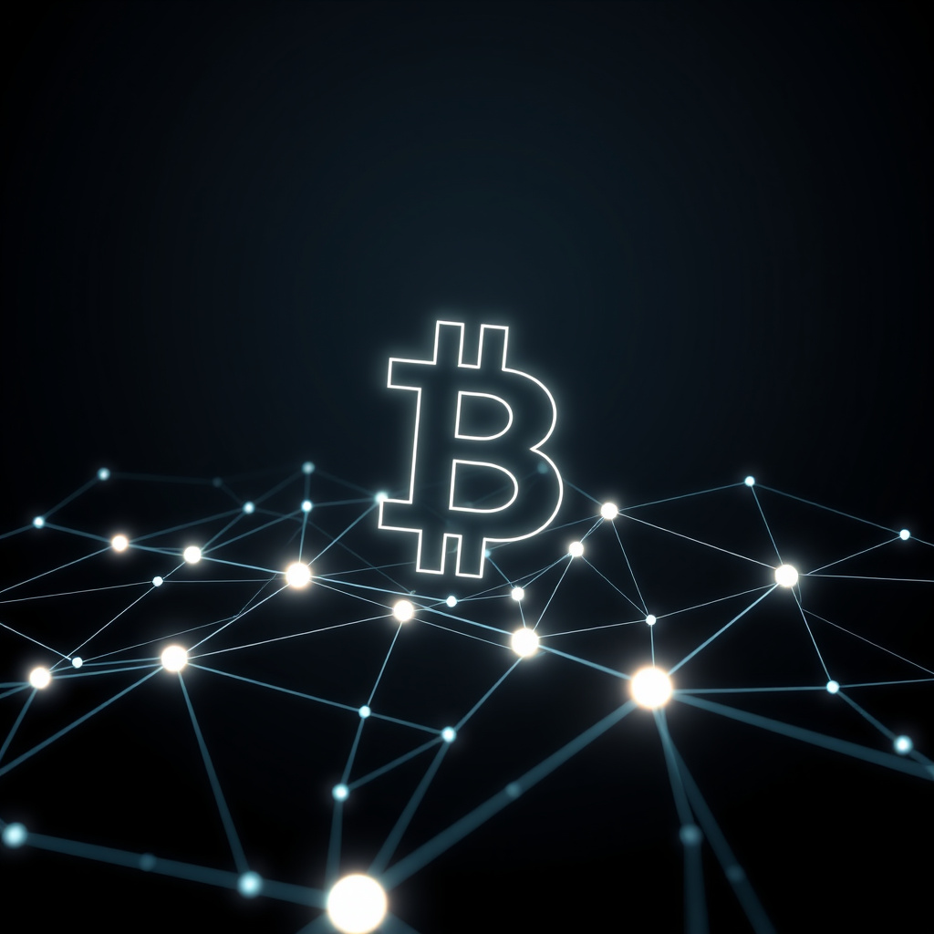Blockchain network visualization, minimalist design, glowing digital connections, dark background... (generated by AI)