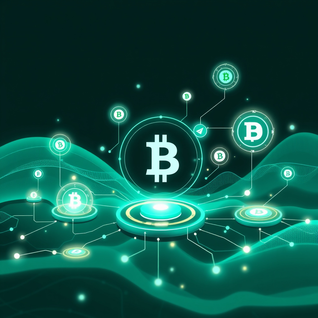 Digital cryptocurrency ecosystem visualization, teal and mint colors, modern abstract art, glowin... (generated by AI)
