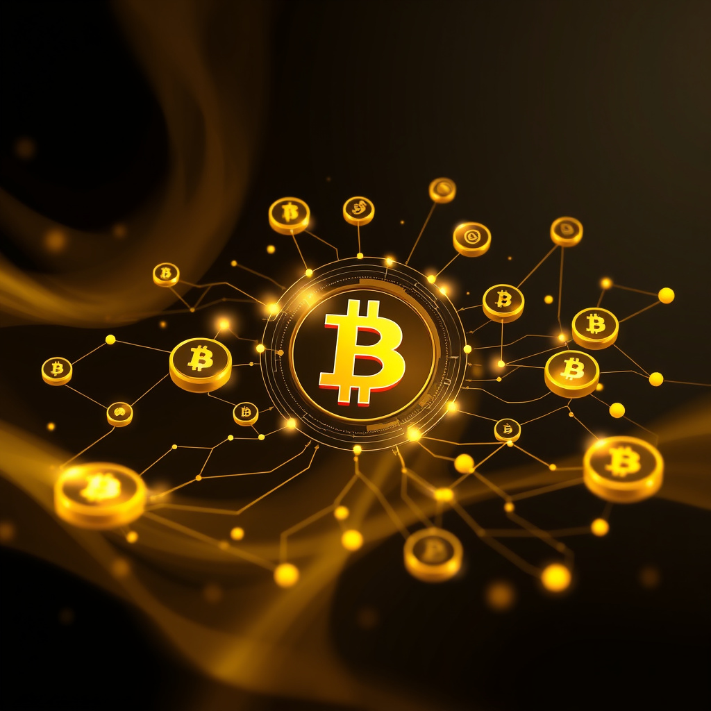 Digital cryptocurrency ecosystem visualization, gold and black theme, modern abstract art, glowin... (generated by AI)