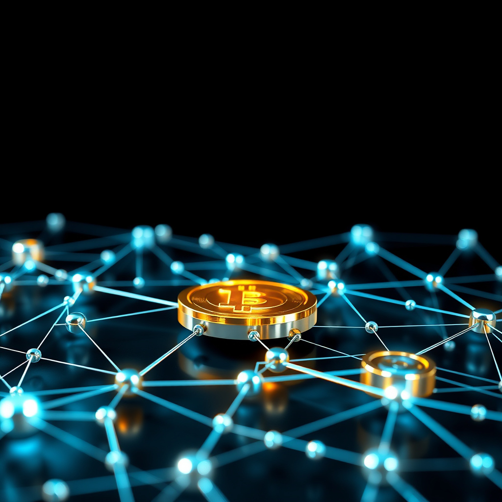 Blockchain network visualization, metallic surfaces, glowing digital connections, dark background... (generated by AI)