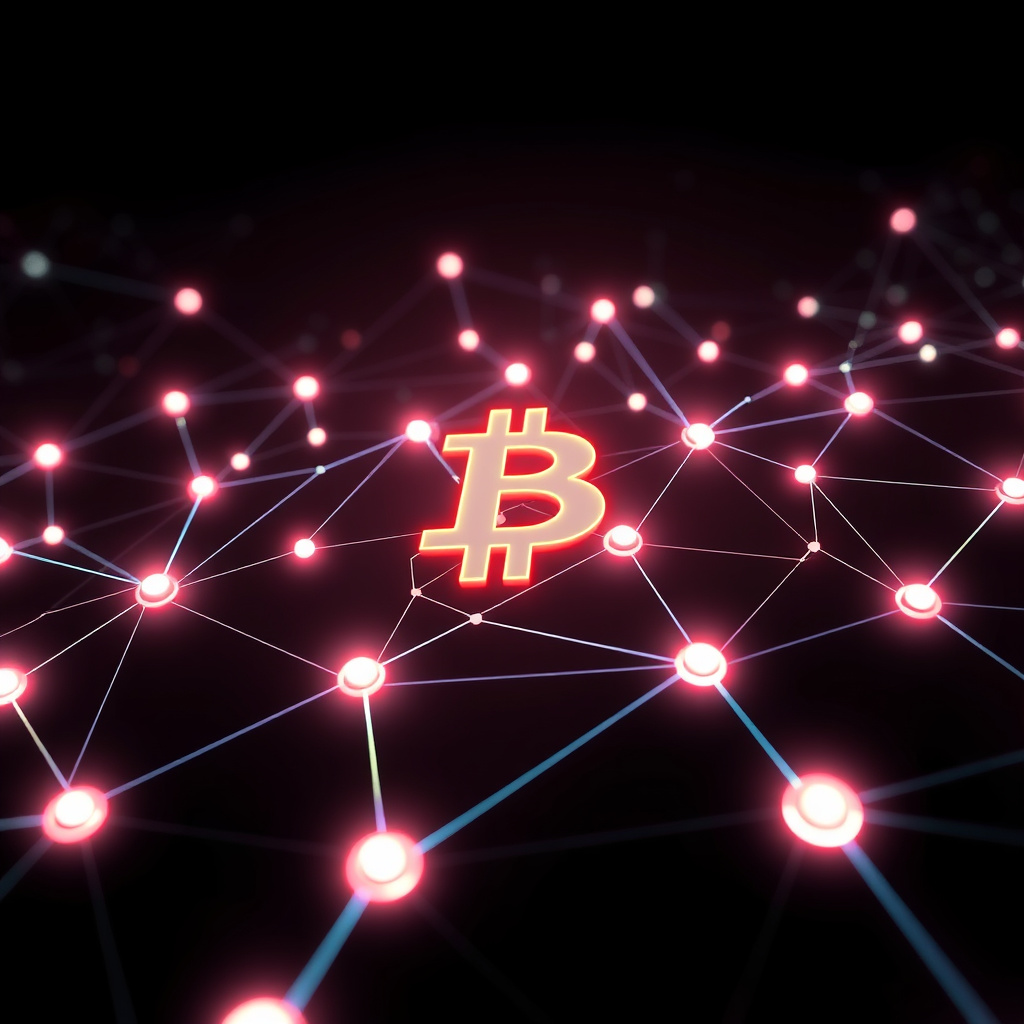 Blockchain network visualization, neon-lit atmosphere, glowing digital connections, dark backgrou... (generated by AI)