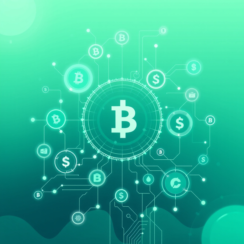 Digital cryptocurrency ecosystem visualization, teal and mint colors, modern abstract art, glowin... (generated by AI)