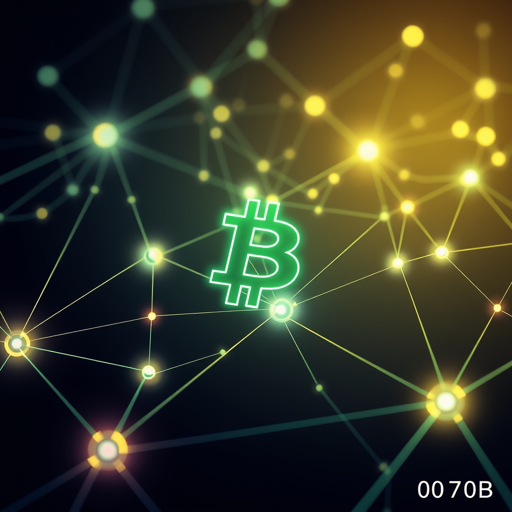 Blockchain network visualization, neon-lit atmosphere, glowing digital connections, dark backgrou... (generated by AI)