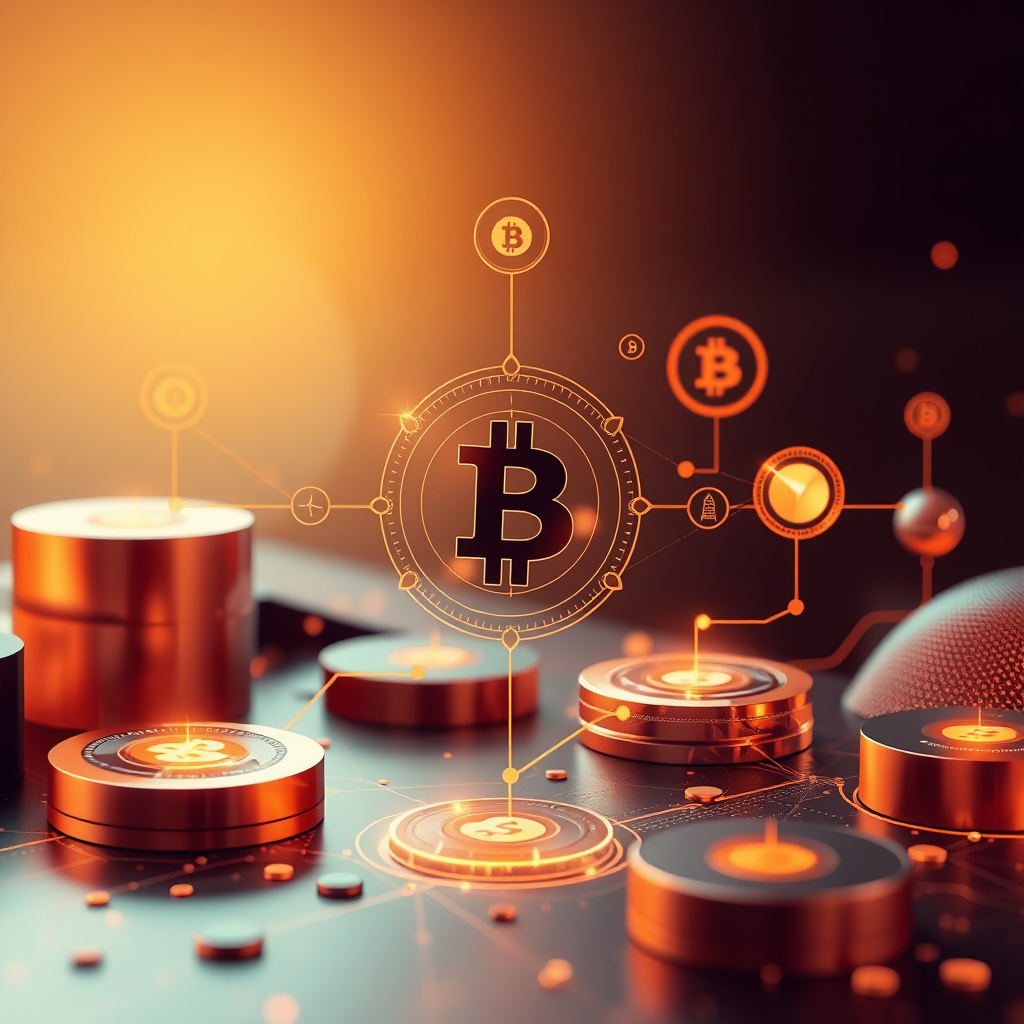 Digital cryptocurrency ecosystem visualization, amber and copper tones, modern abstract art, glow... (generated by AI)