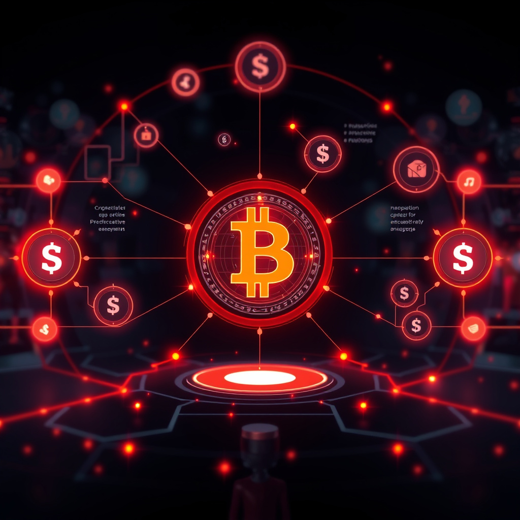 Digital cryptocurrency ecosystem visualization, orange and red highlights, modern abstract art, g... (generated by AI)