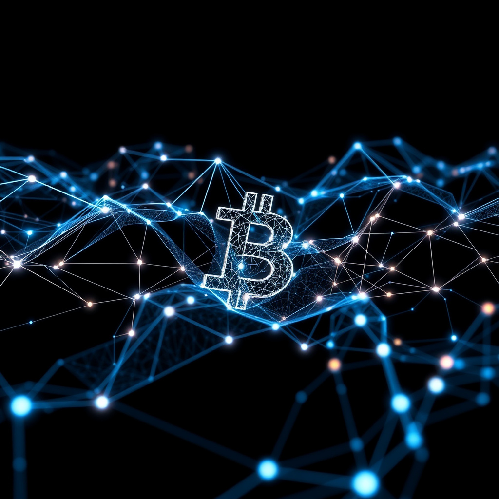 Blockchain network visualization, fluid dynamics, glowing digital connections, dark background, f... (generated by AI)