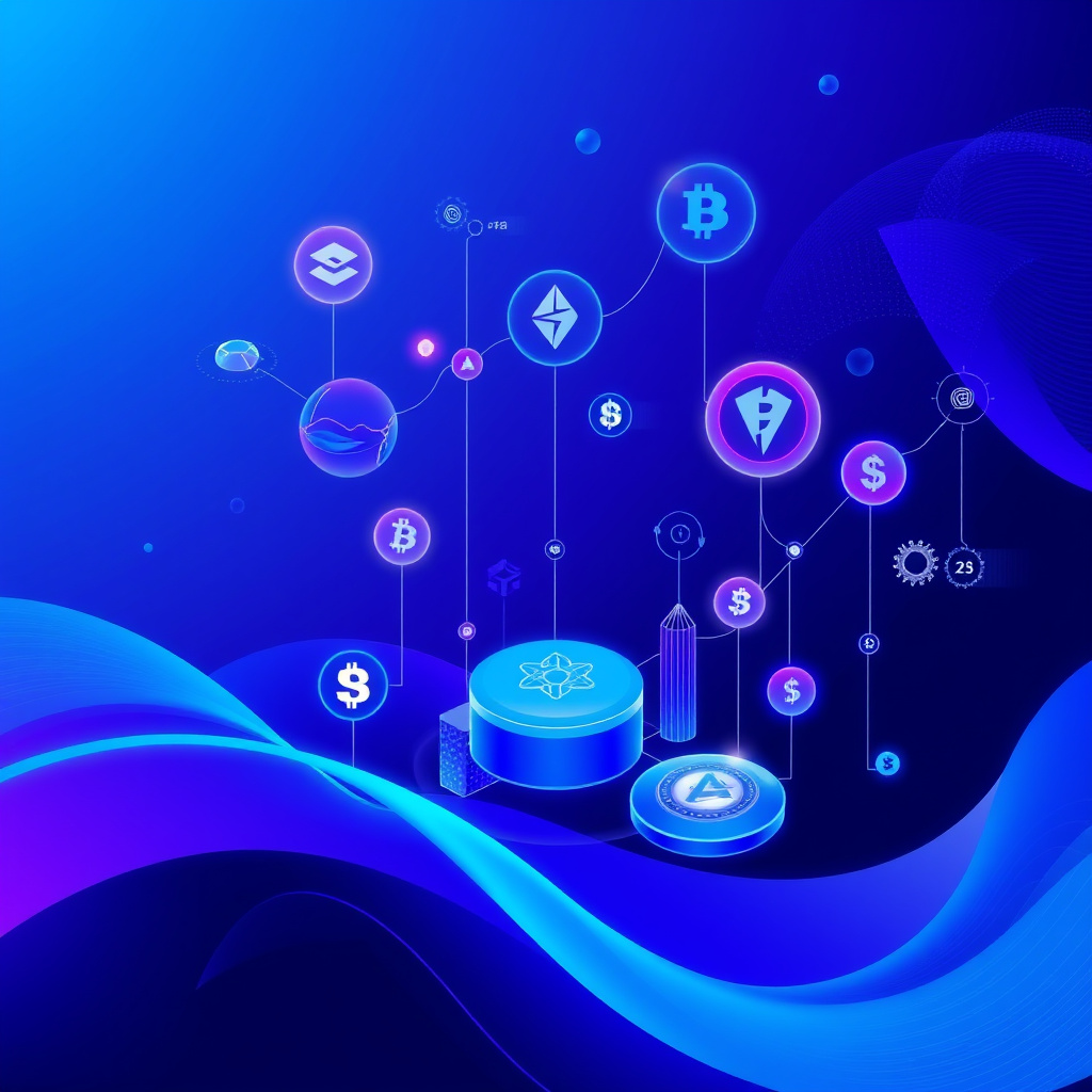 Digital cryptocurrency ecosystem visualization, blue and purple gradients, modern abstract art, g... (generated by AI)
