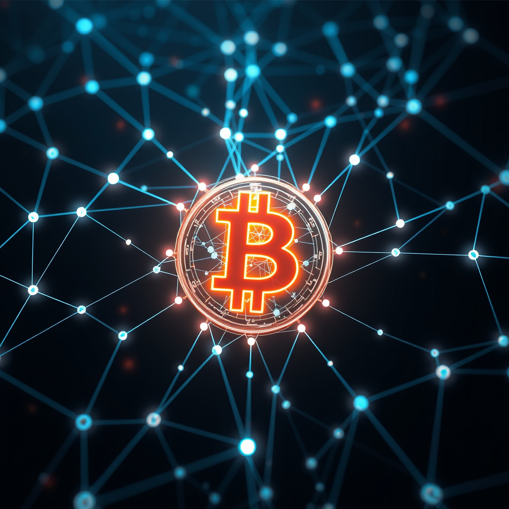 Blockchain network visualization, glass morphism style, glowing digital connections, dark backgro... (generated by AI)