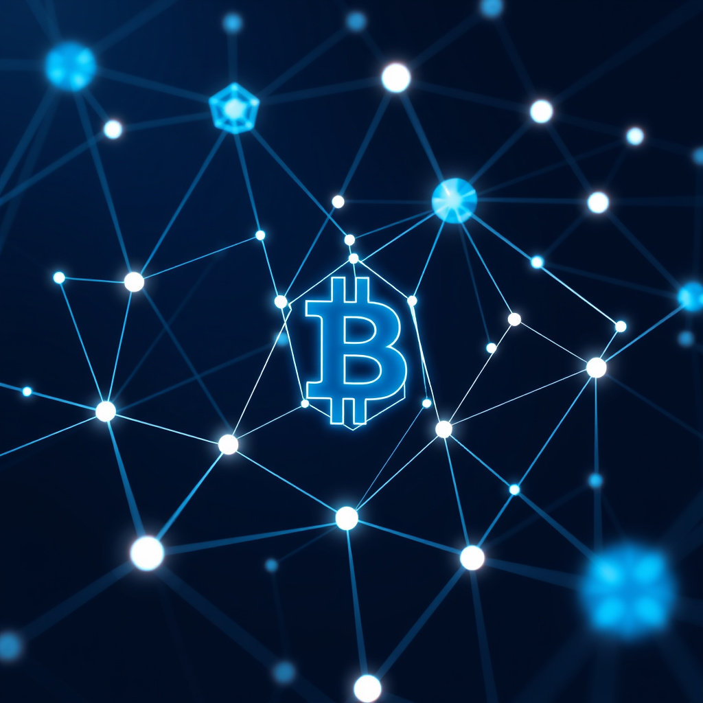 Blockchain network visualization, abstract geometric forms, glowing digital connections, dark bac... (generated by AI)