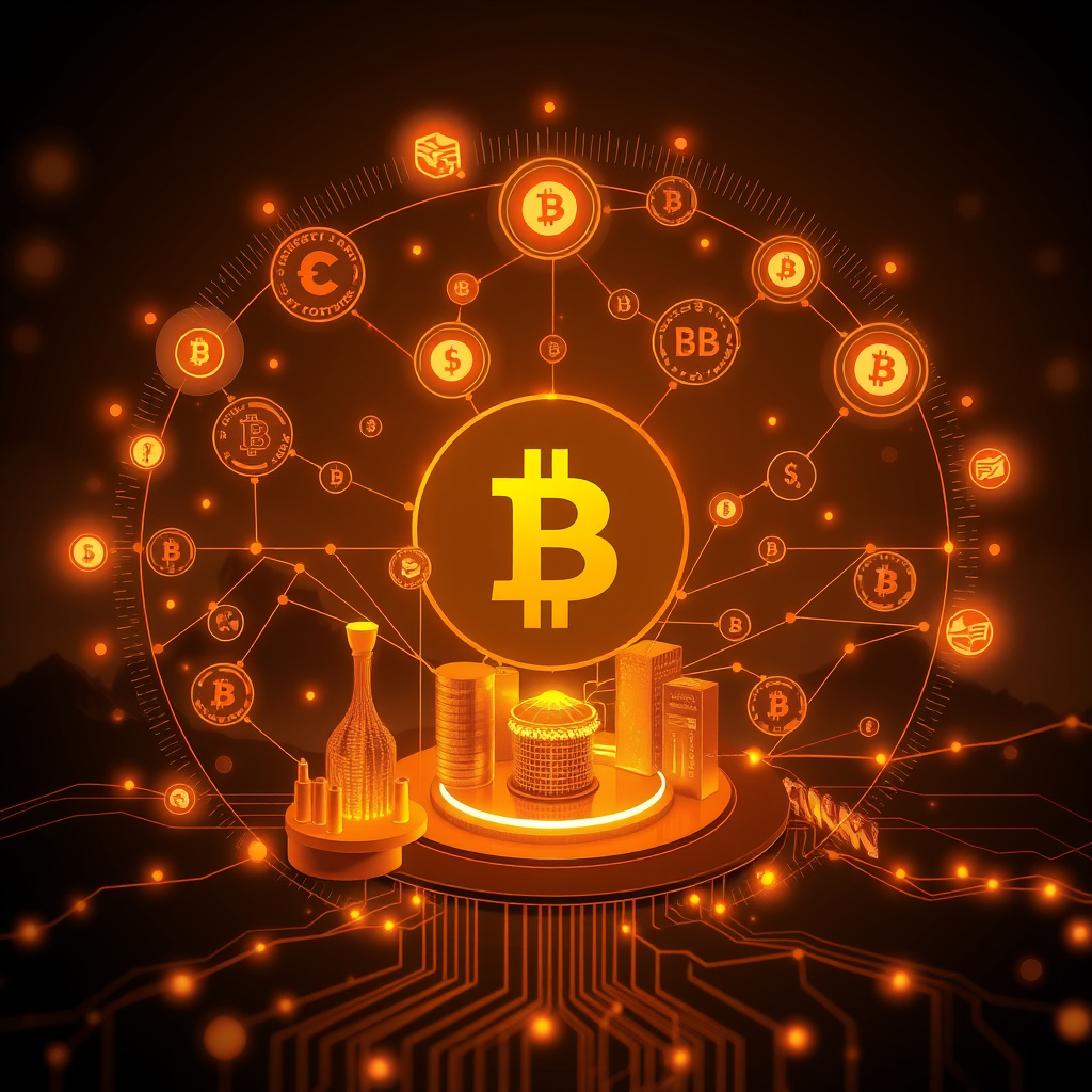 Digital cryptocurrency ecosystem visualization, amber and copper tones, modern abstract art, glow... (generated by AI)