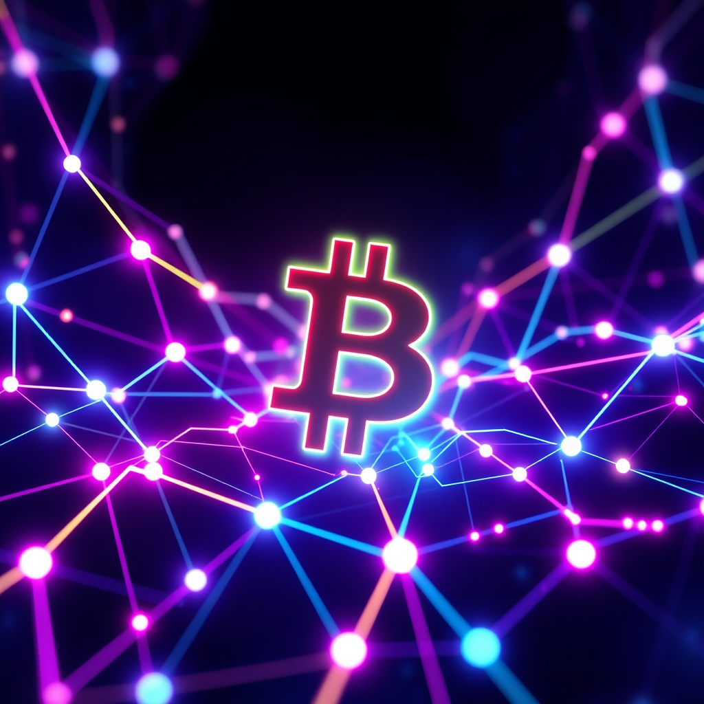Blockchain network visualization, synthwave colors, glowing digital connections, dark background,... (generated by AI)
