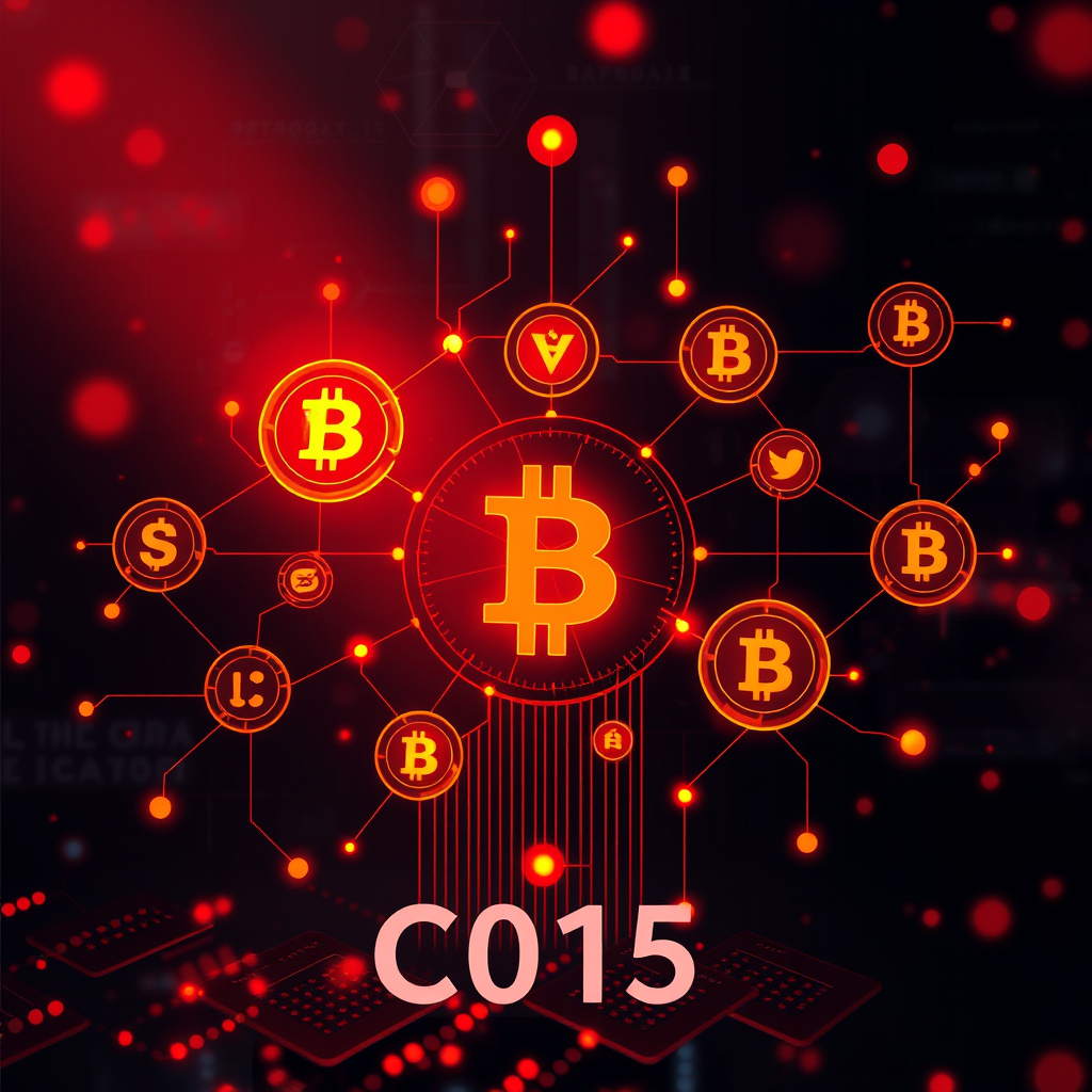 Digital cryptocurrency ecosystem visualization, orange and red highlights, modern abstract art, g... (generated by AI)