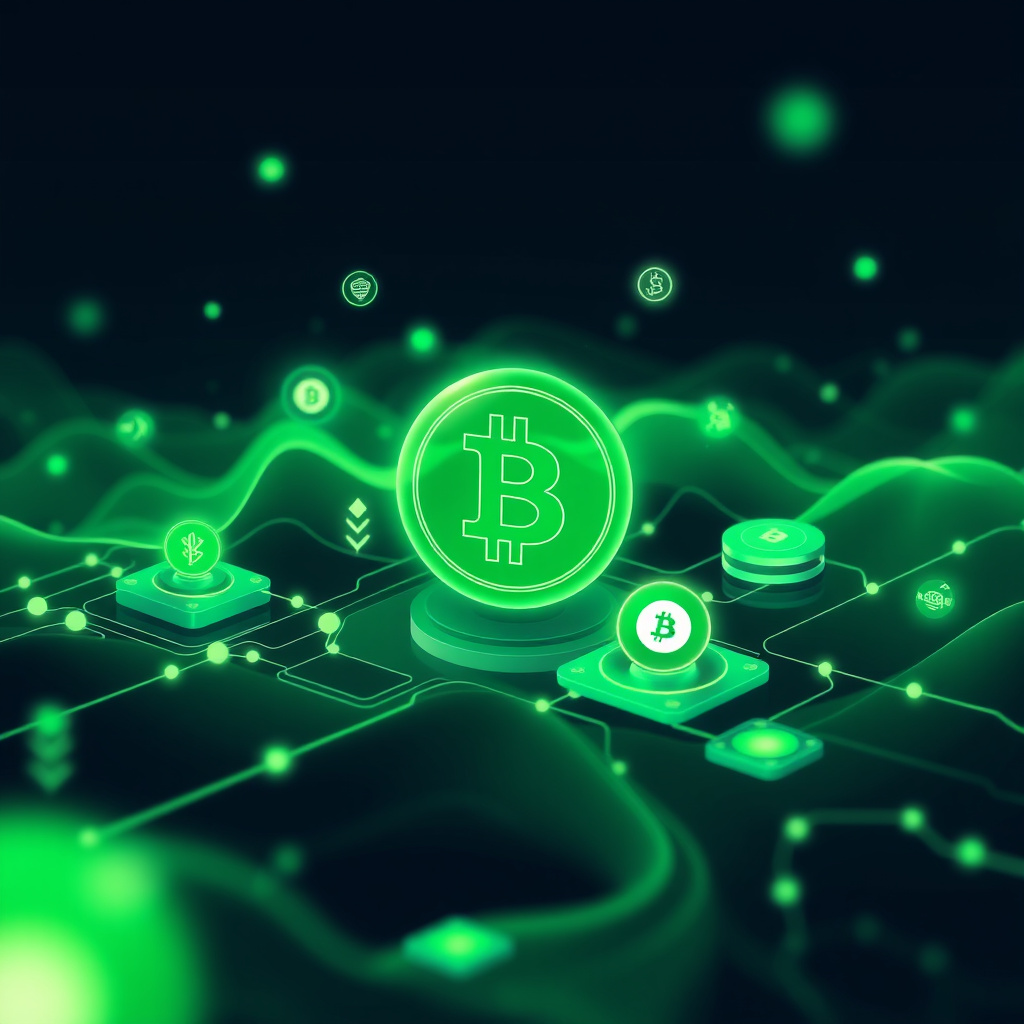 Digital cryptocurrency ecosystem visualization, green and cyan tones, modern abstract art, glowin... (generated by AI)