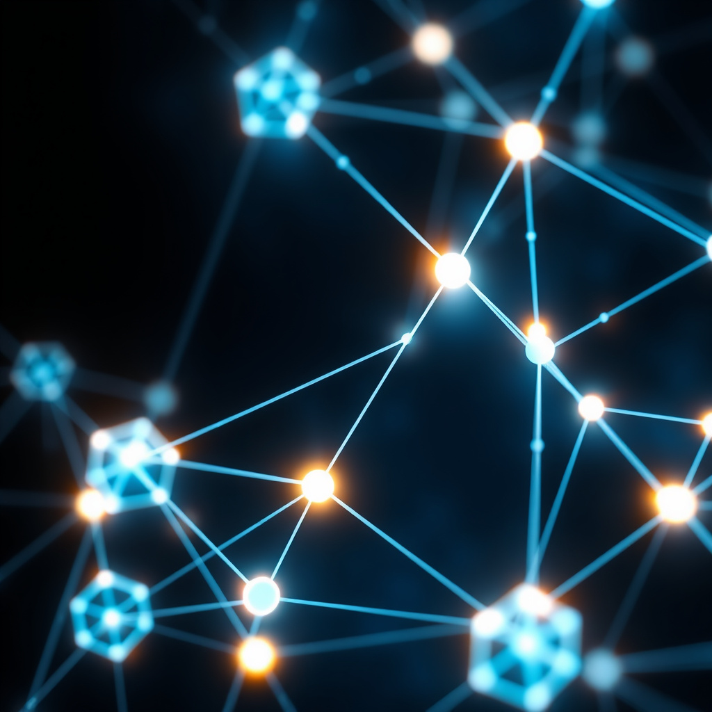 Digital cryptocurrency ecosystem visualization, amber and copper tones, modern abstract art, glow... (generated by AI)