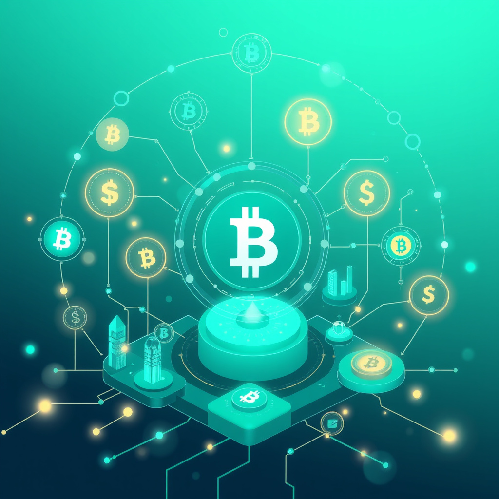 Blockchain network visualization, crystalline structures, glowing digital connections, dark backg... (generated by AI)